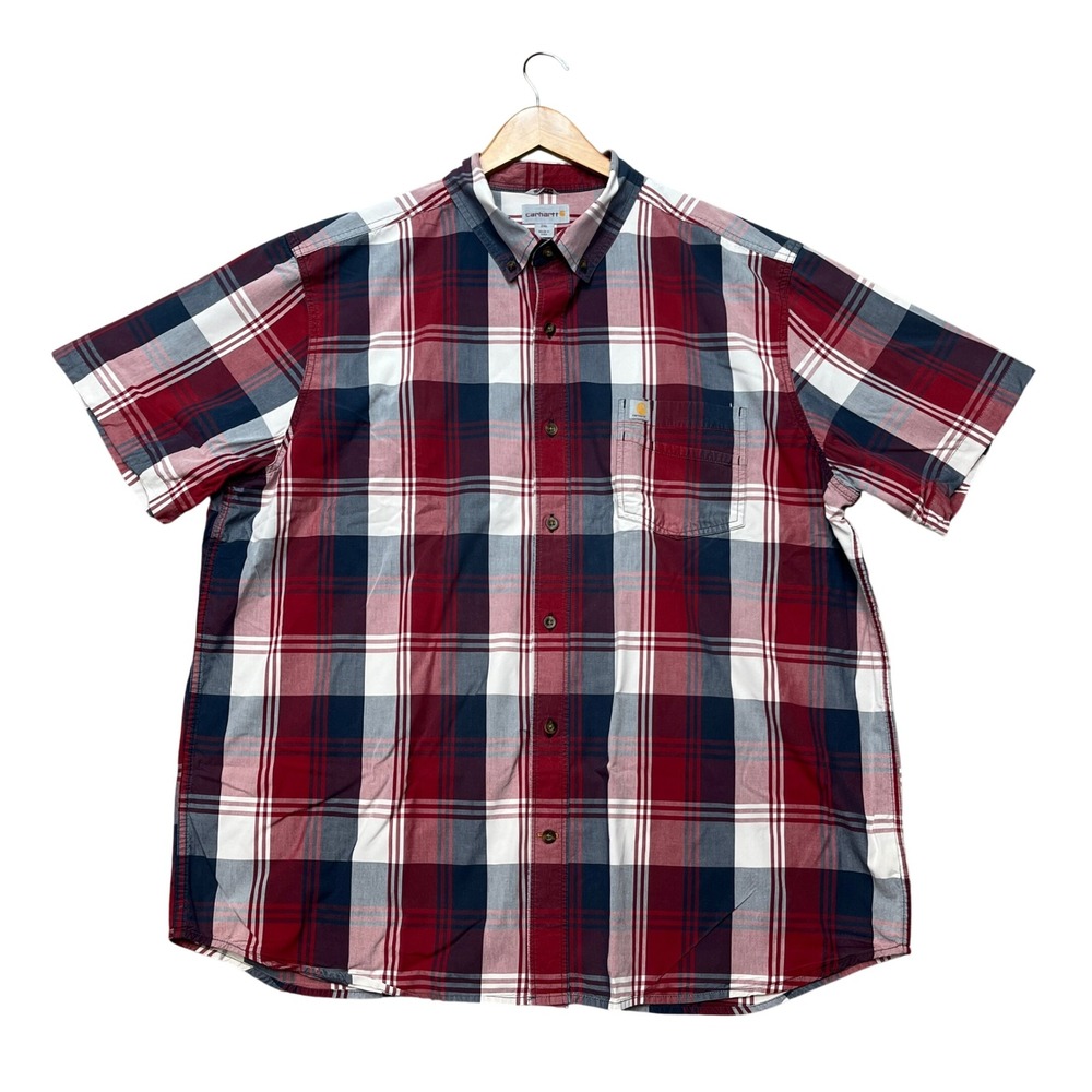 Carhartt Button Down Shirt Men 2XL Red Navy Blue White Plaid Short Sleeve Relaxe